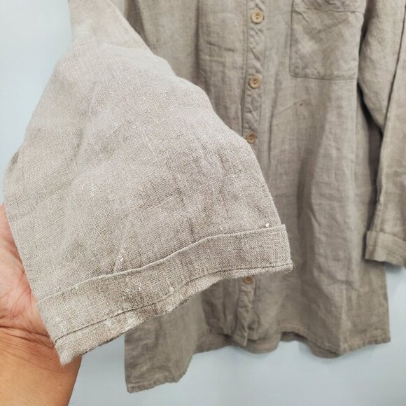 FLAX Brown Button Down Blouse Tunic Women Size Small 100% Linen Collared Long - Picture 3 of 12